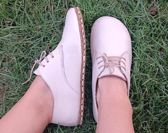 Beige Leather Barefoot Shoes, Copper Grounding, Wide Toe