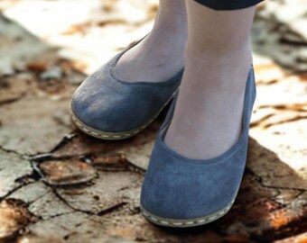 Barefoot  Shoes women Handmade Grey Suede Leather – Copper Grounding, Wide Toe, Zero Drop, Minimalist Sustainable, Comfort Ballets style