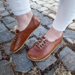 Minimalist Barefoot Sandals Women, Handmade Light Brown Color Leather, Copper Grounding, Sustainable Wide Toe Zero Drop Shoes: Lace-Up