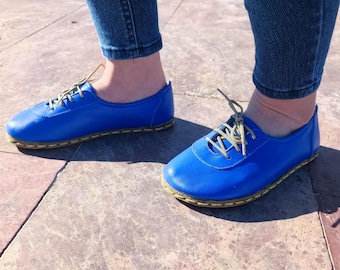 Minimalist Barefoot Shoes Women, Handmade Blue Color Leather, Copper Grounding, Sustainable Wide Toe Zero Drop Shoes: Lace-Up