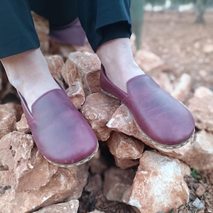 Burgundy Leather Barefoot Loafers: Grounding Shoes Women