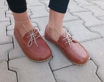 Barefoot koperen aardingsschoenen voor dames, geaarde klinknagels, duurzame minimalistische stijl, echt L. bruin leer, brede voetenbank, platte zool