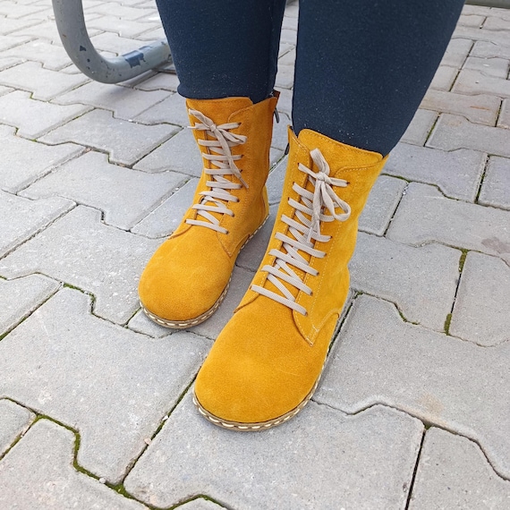Handmade Yellow Suede Barefoot Boots – Copper Grounding Leather - Main Image