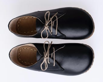 Handmade Barefoot Black Leather Oxford Shoes, Copper Riveted Grounding – Wide Toe, Zero Drop, Natural Sustainable Minimalist: Unisex