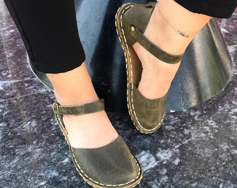 Copper Grounding Minimalist Shoe, Barefoot Leather sandal, Wide Sandals For Women, Sustainable Barefoot Sandal, Green Sandal, Mary Janes