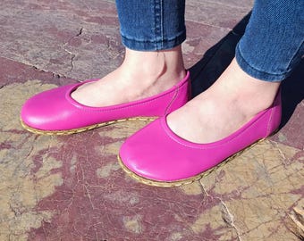 Barefoot Women's Shoes, Copper Grounding, Pink Color Leather, Minimalist Sustainable, Handmade Ballet Shoes, Wide Toe, Low and Thin Sole