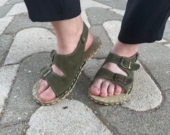 Slippers Barefoot Women –Copper Rivet Grounding, Minimalist Green Suede Leather sandals, Wide Toe Box, Zero Drop, Sustainable Summer Shoes