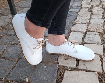 Barefoot Women's Shoes, Copper Grounding, White Brown Leather, Minimalist Sustainable, Wide Toe Box Low and Thin Sole: Unisex