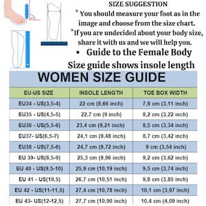 May include: A women's shoe size guide with EU and US sizes, insole lengths in centimeters and inches, and toe box widths in inches. The guide includes sizes EU34-US(3.5-4) to EU43-US(12-12.5). Instructions are included.