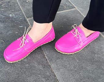 Barefoot Copper Grounding Shoes For Women, Earthing Rivets, Sustainable Minimalist style, Genuine Pink Leather, Wide Foot Box, flat sole