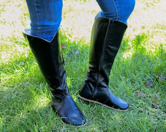 Women’s Handmade Barefoot Black Leather Knee-High Boots | Zero Drop, Wide Toe, Grounding, Zippered & Lace-Up