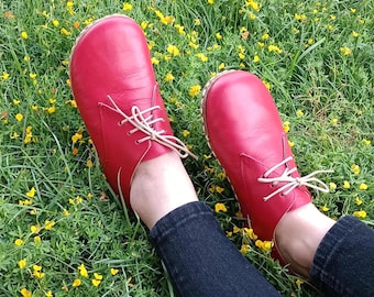 Barefoot Women's Shoes, Copper Grounding, Red Color Leather, Minimalist Sustainable, Wide Toe Box Low and Thin Sole: Unisex