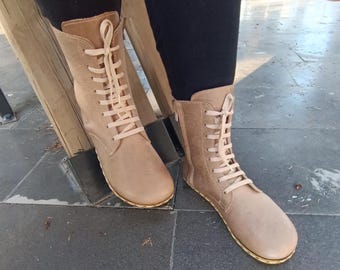 Barefoot Women’s Boots, Copper Grounding, Mink Color Leather, Handmade Minimalist Sustainable Boots, Wide Toe, Thin Sole, Zero Drop
