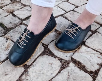 Minimalist Barefoot Sandals Women, Handmade Black Color Leather, Copper Grounding, Sustainable Wide Toe Zero Drop Shoes: Lace-Up