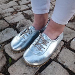 Grounding Shoes Women, Earthing Grounded Shoe, Barefoot Shoe Leather, Barefoot Shoes Women, All Leather Shoes, Silver Color, Lace-Up Shoes