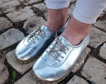 Minimalist Barefoot Shoes Women, Handmade Silver Color Leather, Copper Grounding, Sustainable Wide Toe Zero Drop Shoes: Lace-Up