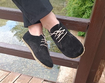 Handmade Black Suede Barefoot Shoes – Copper Grounding Leather Loafers, Wide Toe Box, Zero Drop, Minimalist Sustainable: Unisex
