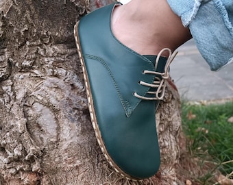 Barefoot Women's Shoes, Copper Grounding, Green color Leather, Minimalist Sustainable, Wide Toe Box Low and Thin Sole: Unisex