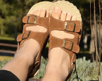 Barefoot Shoes, Wide Sandals For Women, Copper Grounding, Sustainable Minimalist styles, Zero Drop, Suede Color Brown: Antique Buckle