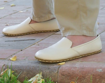 Barefoot Copper Grounding Shoes - Handmade Leather Moccasins – Natural Sustainable Minimalist: Wide Toe, Zero Drop, Unisex, Beige