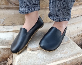 Barefoot Copper Grounding Shoes - Handmade Leather Moccasins – Wide Toe, Zero Drop, Natural Sustainable Minimalist: Unisex, Black