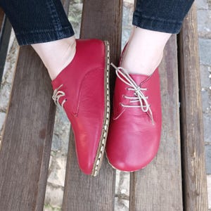 Grounding Barefoot Sandals, Oxford Women Shoes, Red leather, Wide Comfortable Walking, Leather flexible Sole, Minimalist Barefoot Shoes