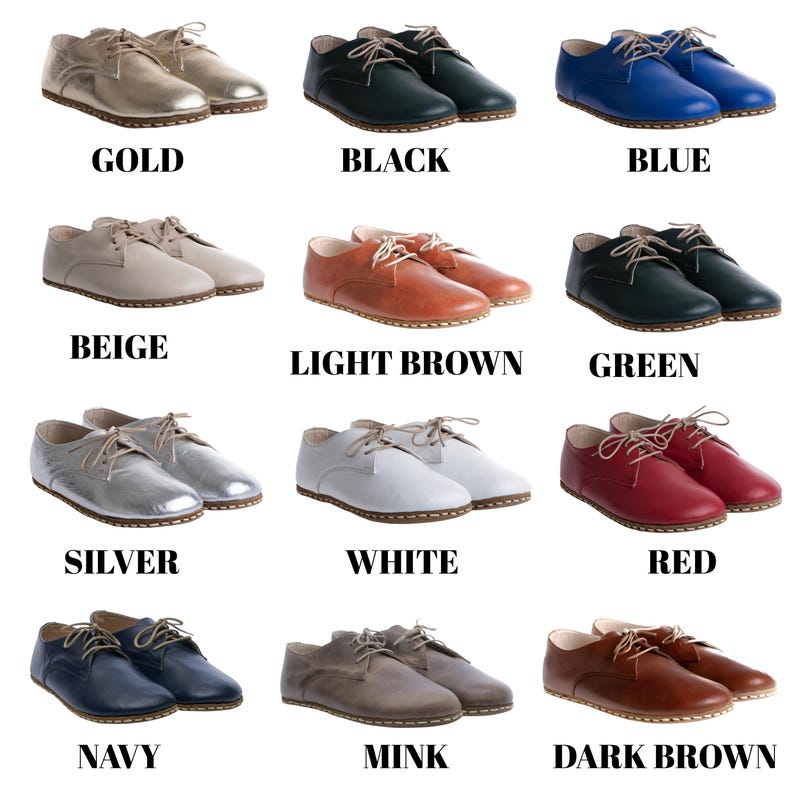 May include: A collection of twelve pairs of lace-up oxford shoes in various colours including gold, black, blue, beige, light brown, green, silver, white, red, navy, mink, and dark brown. Each pair features a rounded toe and light-coloured laces.