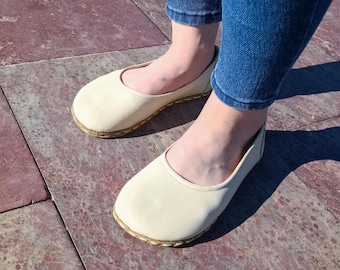 Barefoot Women's Shoes, Copper Grounding, Beige Color Leather, Minimalist Sustainable, Handmade Ballet Shoes, Wide Toe, Low and Thin Sole