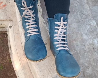 Barefoot Women’s Boots, Copper Grounding, Blue Color Leather, Handmade Minimalist Sustainable Boots, Wide Toe, Thin Sole, Zero Drop