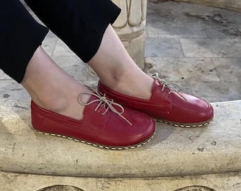 Scarpe Barefoot Copper Grounding da donna, rivetti di messa a terra, stile minimalista sostenibile, vera pelle rossa, ampia suola piatta