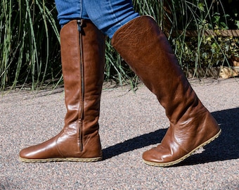 Women’s Handmade Barefoot Brown Leather Knee-High Boots | Zero Drop, Wide Toe, Grounding, Zippered & Lace-Up
