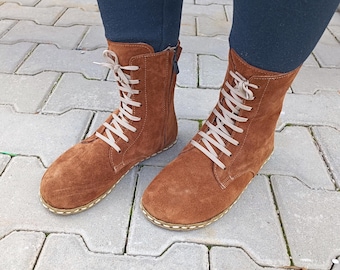 Handmade Brown Suede Barefoot Boots – Copper Grounding Leather Ankle Boots, Wide Toe Box, Zero Drop, Minimalist Sustainable: Unisex