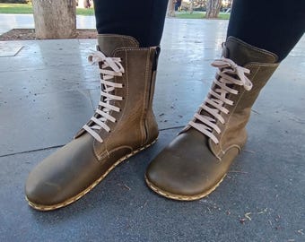Barefoot Women’s Boots, Copper Grounding, Green Color Leather, Handmade Minimalist Sustainable Boots, Wide Toe, Thin Sole, Zero Drop