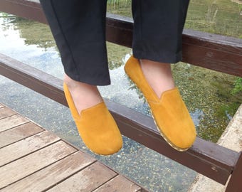 Barefoot Shoes Handmade Suede yellow Loafers – Copper Grounding Minimalist Green Leather Shoes – Zero Drop Wide Toe Box