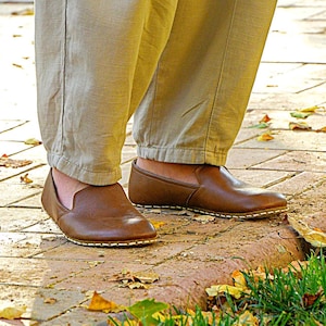 Mocassins heren lichtbruine schoen, brede neus blootsvoets schoenen, aardingsschoenen, leren schoen, zero drop, minimalistische schoenen, herenschoen blootsvoets