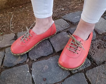 Minimalist Barefoot Sandals Women, Handmade Orange Color Leather, Copper Grounding, Sustainable Wide Toe Zero Drop Shoes: Lace-Up