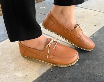 Barefoot Copper Grounding Shoes For Women, Earthing Rivets, Sustainable Minimalist style, Genuine Tan Leather, Wide Foot Box, flat sole