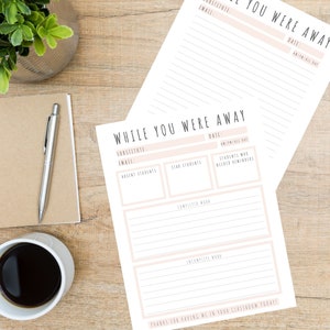 Peut inclure: Un planificateur d'enseignant imprimable avec le texte "While You Were Away" et des sections pour les informations de substitution, les élèves absents, les élèves vedettes, les élèves qui ont besoin de rappels, le travail terminé et le travail inachevé.