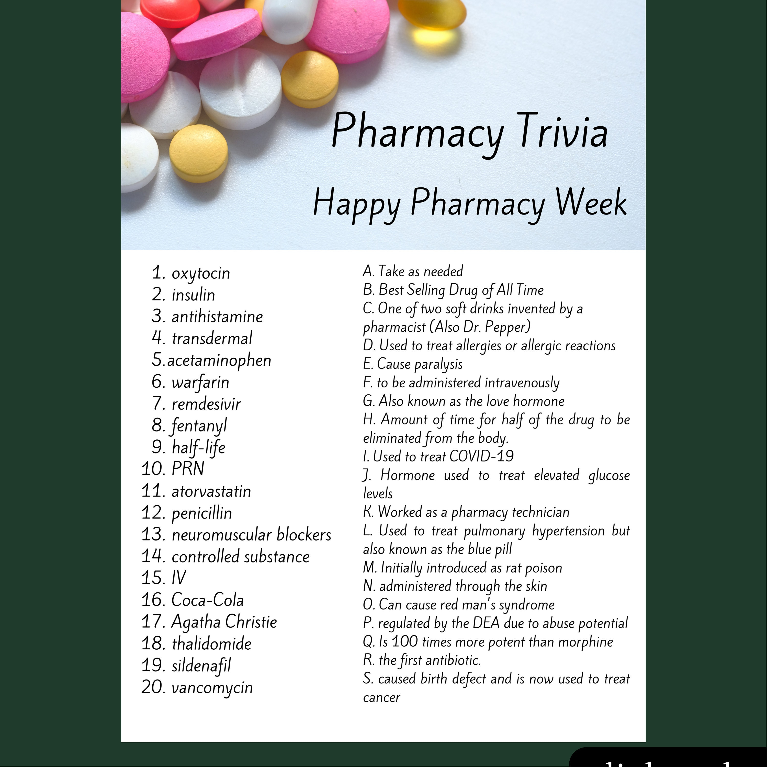Pharmacy Trivia Game//pharmacy Week//medication Etsy