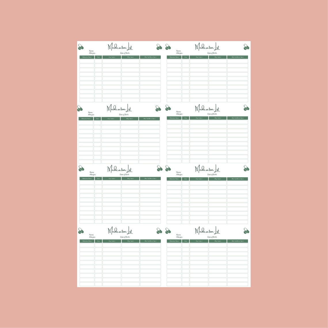 Medication List and Wallet Card//editable and Printable Etsy