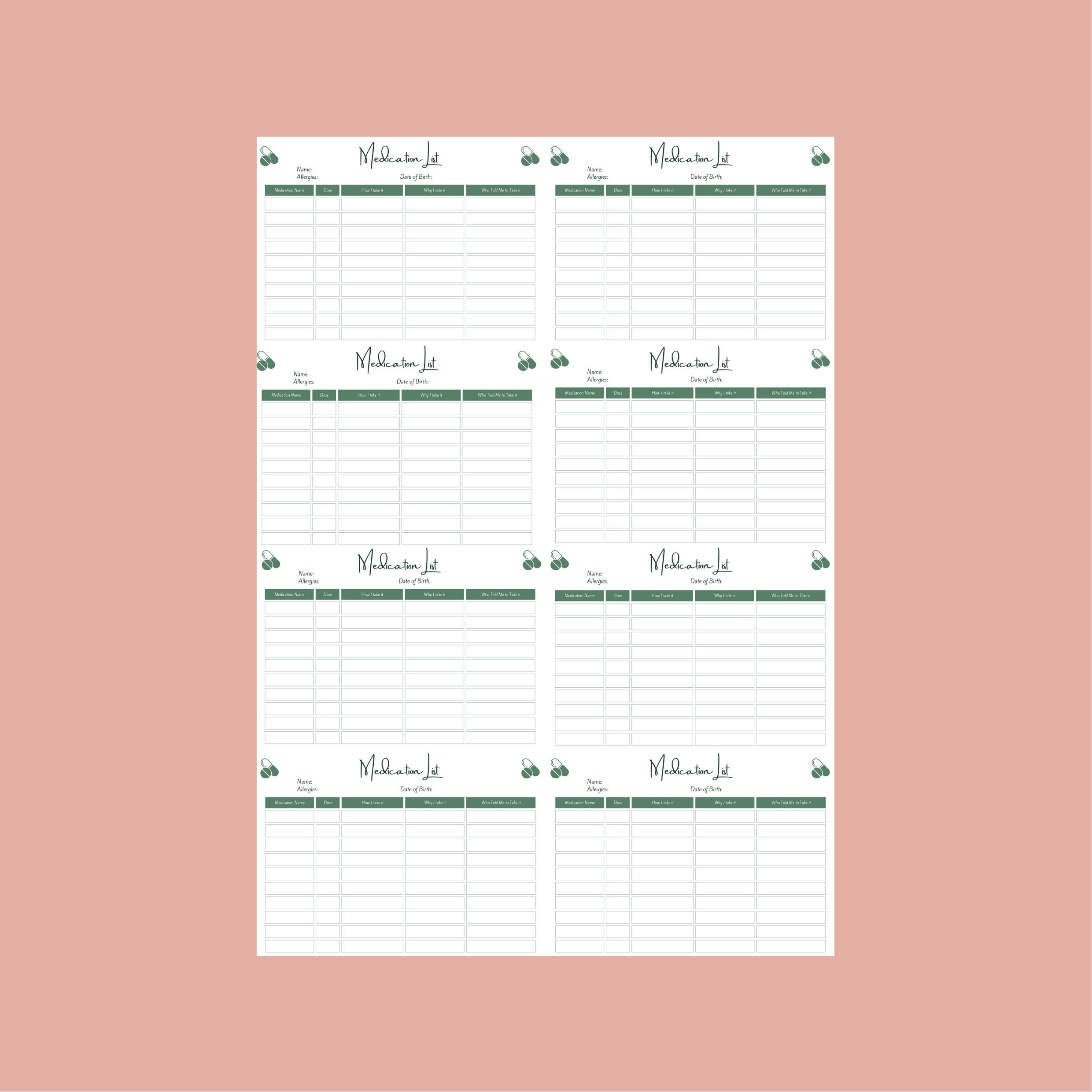 Medication List and Wallet Card//editable and Printable - Etsy