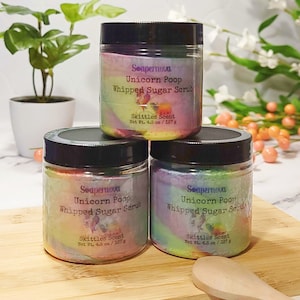 May include: Three jars of unicorn poop whipped sugar scrub in rainbow colors with a Skittles scent. Each jar is 4.5 oz / 127 g.