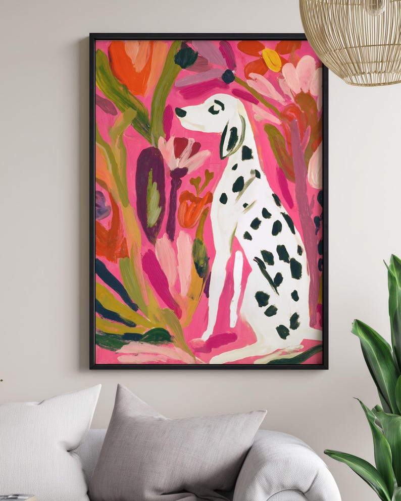 May include: A framed art print featuring a Dalmatian dog with black spots, set against a vibrant pink background with colorful floral and foliage elements. The artwork is enclosed in a black frame, adding a modern touch to the whimsical scene.
