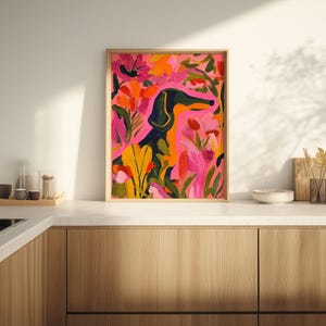 Illustration de teckel noir, décoration murale, portrait de chien noir, cadeau pour amoureux des teckels, illustration florale de teckel, cadeau pour propriétaire de teckel, téléchargement numérique