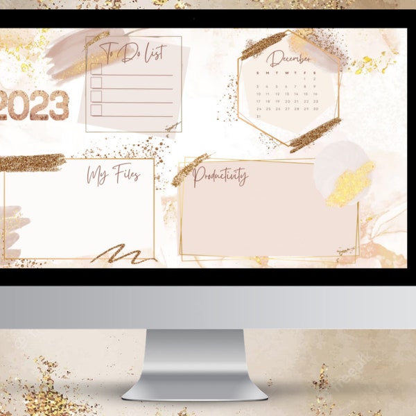 Desktop Organizer Wallpaper: Cute Aesthetic Home Screen iOS Windows Computer Laptop - Rose Gold Glitter, 2023 Calendar