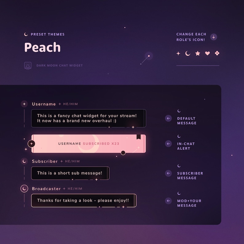 Luna Oscura: Widget de chat • Tema minimalista, estrellado y celestial • Cuadro de chat con pronombres y alertas para transmisiones de Twitch (StreamElements) imagen 6