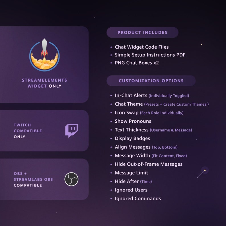 Puede incluir: Un gr&aacute;fico morado y blanco con el texto "Streamelements Widget Only" y "Twitch Compatible Only" y "OBS + Streamlabs OBS Compatible". El gr&aacute;fico tambi&eacute;n incluye una espada, un logotipo de Twitch y un icono de engranaje. El gr&aacute;fico enumera los productos incluidos y las opciones de personalizaci&oacute;n para un widget de chat.
