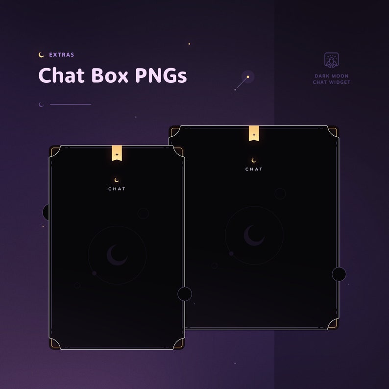Puede incluir: Dos cajas de chat negras con bordes dorados y un icono de luna creciente. El texto "CHAT" se muestra en cada caja.