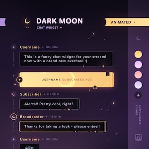 Lune noire : widget de discussion • Thème minimaliste, étoilé, céleste • Boîte de discussion avec pronoms et alertes pour les diffusions Twitch (StreamElements)