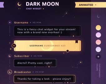 Dark Moon: Chat Widget • Minimal, Starry, Celestial Theme • Chat Box with Pronouns & Alerts for Twitch Streams (StreamElements)